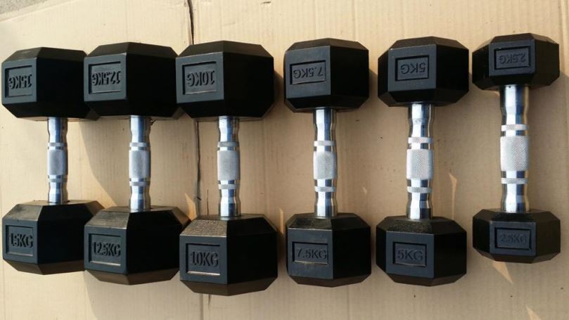 Cast Iron Rubber Coated Hex Dumbbells Set